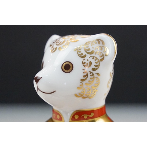 49 - Royal Crown Derby Imari drummer bear figurine paperweight with gold stopper, H10cm