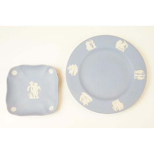 57 - Selection of six blue Wedgwood Jasperware dishes together with a boxed silver plated cruet set and a... 