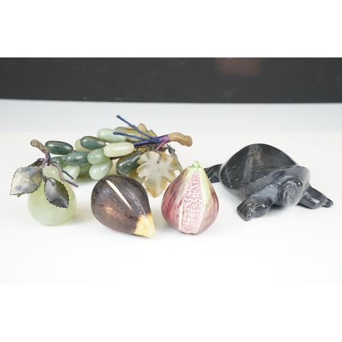 62 - Mid century decorative polished stone carved grapes on vine, small stone pear with leaves and turtle... 