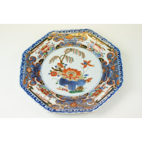 7 - 18th century porcelain octagonal plate polychrome decorated with flowers and trees on a plain white ... 