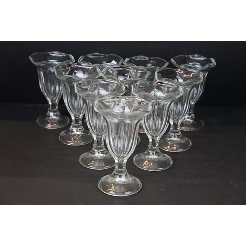 109 - 20th century selection of pressed glass to include ten sundae glasses, darling boat examples, thimbl... 