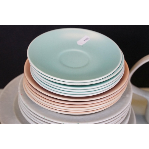 112 - Selection of mid 20th century Poole pottery tableware to include six grey dinner plates, five grey p... 