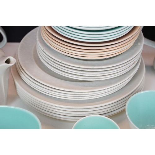 112 - Selection of mid 20th century Poole pottery tableware to include six grey dinner plates, five grey p... 