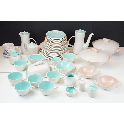 112 - Selection of mid 20th century Poole pottery tableware to include six grey dinner plates, five grey p... 