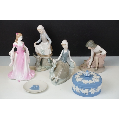 78 - Lladro figurines in the form of girl with rabbit and girl with dove together with Nao woman with mar... 