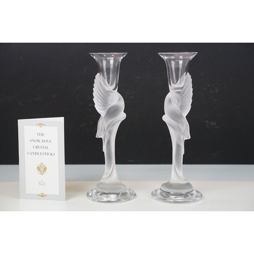 83 - Faberge Snow Dove French crystal candlesticks by Igor Carl Faberge, the stem featuring a hand cut, f... 