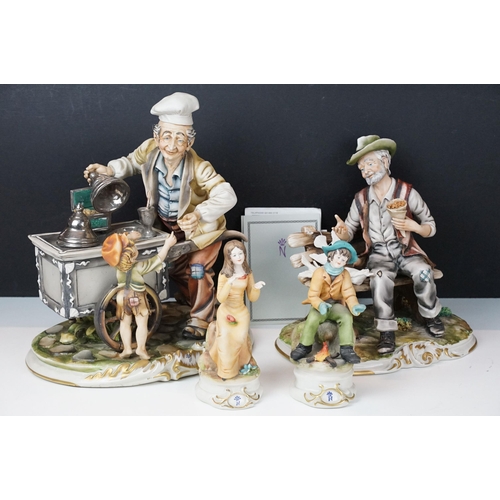 87 - Group of Capo di Monte figurines to include Ice cream maker, tramp, girl with rose and boy by campfi... 