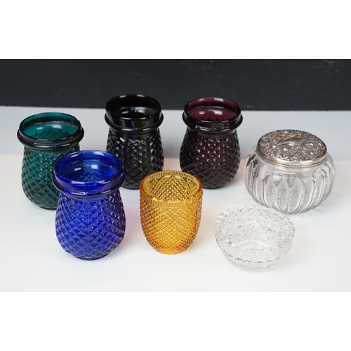 90 - Selection of Victorian pressed glass pieces to include coloured small light holder examples, one pie... 