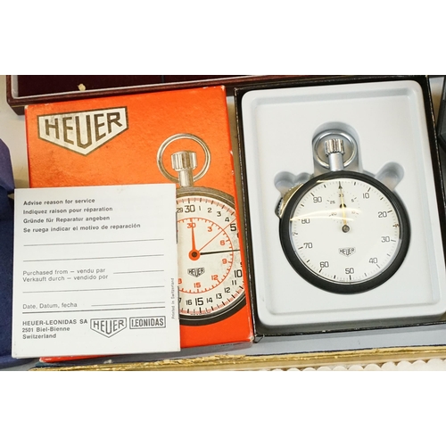 308 - A collection of watches and stopwatches to include a boxed Heuer stopwatch, two Lemania stopwatches,... 