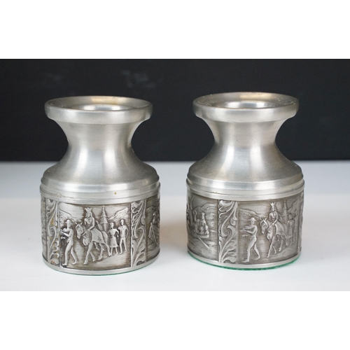 309 - A small collection of mixed pewter to include a pair of Stavanger candlesticks together with matchin... 