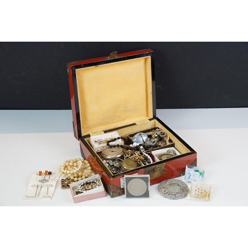 313 - A collection of vintage costume jewellery to include 9ct gold and sterling silver brooches, sovereig... 