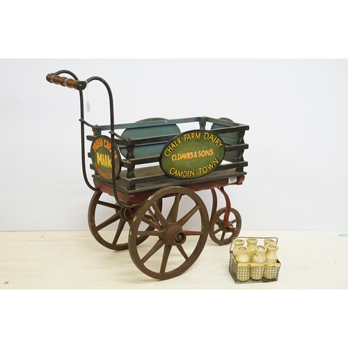 327 - 20th century little wooden milk cart with vintage advertising signs, 'Chalk Farm Dairy, O.Davies and... 