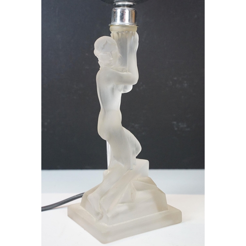 329 - Art Deco figural frosted glass table lamp of female nude holding a torcher lamp, H 44cm