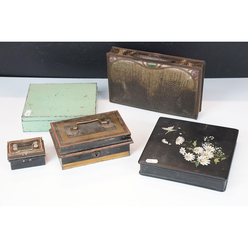 371 - Collection of boxes and tins to include a 20th century money box, with smaller DiBro example, a Pand... 