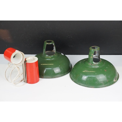 378 - Mid 20th century Lloyd-Lamp red angle poise table lamp together with two industrial green enamel pen... 