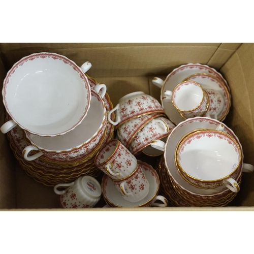 113 - Large Spode 'Fleur de Lys Red' dinner service set to include three large serving plates, soup tureen... 