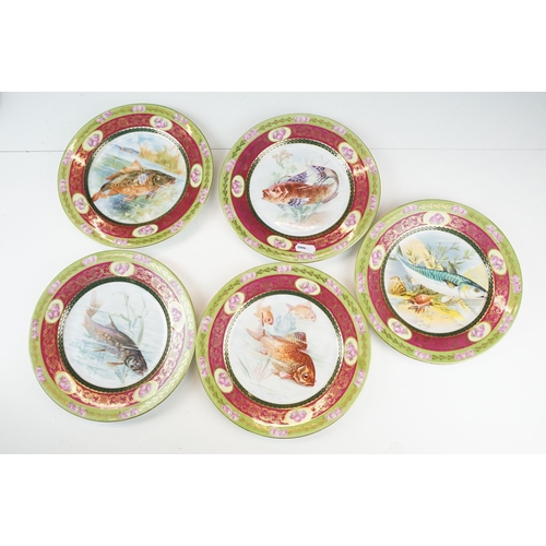 120 - Set of five Pauly & Co fish plates, diameter 21cm, together with sauce boat on stand, 
Limoges colba... 