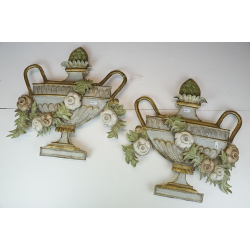 179 - Pair of 20th century metal wall decorations of 2D planter jardiniere urns with flower garlands, H 47... 