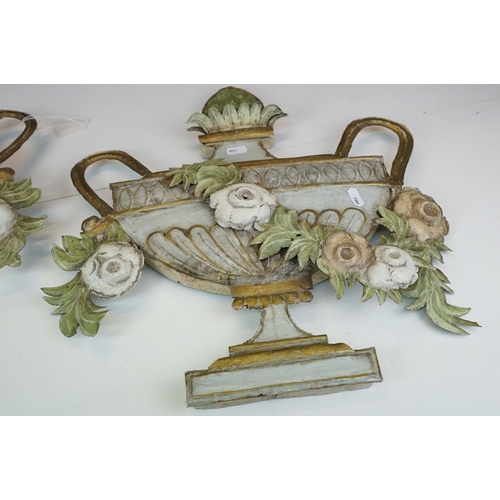 179 - Pair of 20th century metal wall decorations of 2D planter jardiniere urns with flower garlands, H 47... 