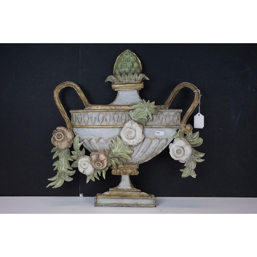 179 - Pair of 20th century metal wall decorations of 2D planter jardiniere urns with flower garlands, H 47... 