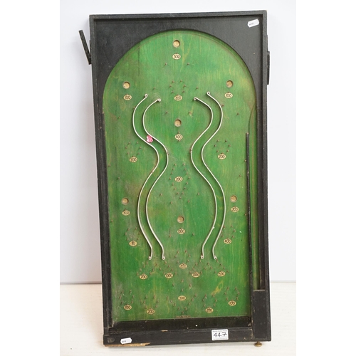 447 - Mid century Bagatelle pinball game board with original balls, H 76cm, W 39.5cm, D 4.5cm