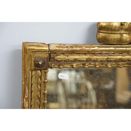 560 - 19th century gilt rectangular wall mirror, with ornamental pediment featuring a Classical man reclin... 