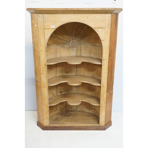 574 - Late 19th pine corner cupboard with three shaped shelves, 149.5cm high x 105cm wide