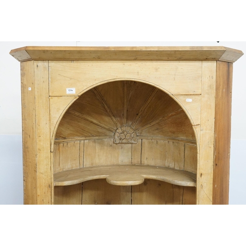 574 - Late 19th pine corner cupboard with three shaped shelves, 149.5cm high x 105cm wide