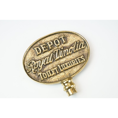 397 - A Depot Royal Vinolia Toilet Luxuries brass double sided sign together with an unusual brass item ma... 