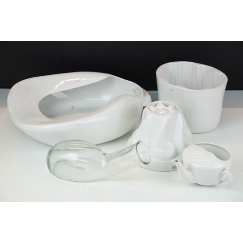 401 - Shelley blancmange mould together with another similar, a Grimwade bed pan, a glass sample bottle an... 