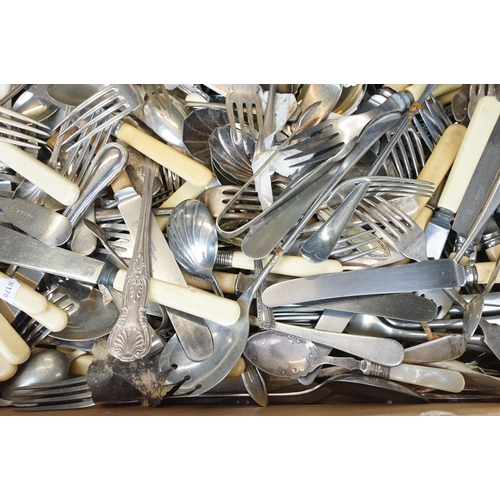 405 - A collection of mixed cutlery to include butter knives, fish knives and many silver plated examples.