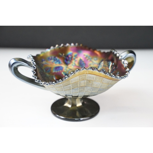 50A - Collection of six carnival glass bowls, amethyst base colour with variety of patterns to include fru... 