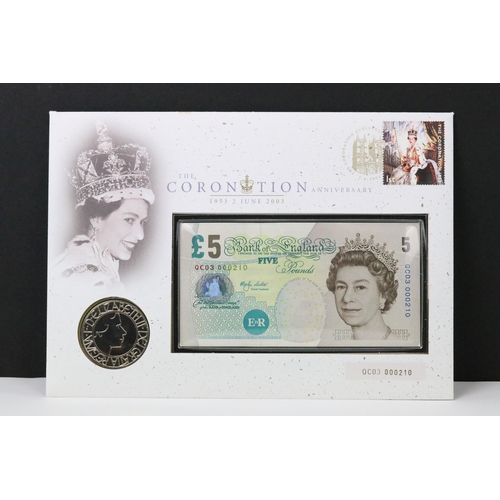 154 - A collection of British coin & banknote first day covers to include 50p, £1, £2 & £5 coins and £5 an... 