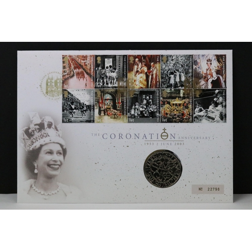 154 - A collection of British coin & banknote first day covers to include 50p, £1, £2 & £5 coins and £5 an... 