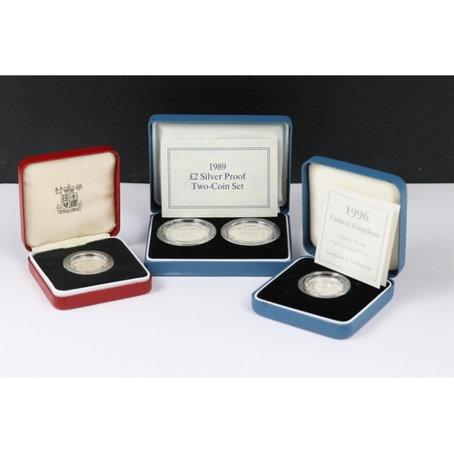 108 - A collection of three Royal Mint silver proof coin sets to include the 1989 £2 coin two coin set, 19... 