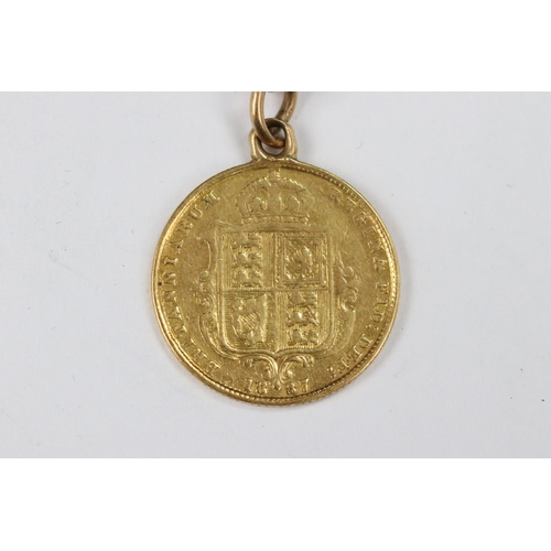 111 - A British Queen Victoria 1887 gold half sovereign coin mounted to small length of 9ct gold chain.