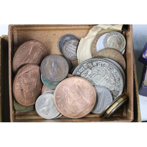 112 - A small collection of mainly British pre decimal coins to include silver examples together with a co... 