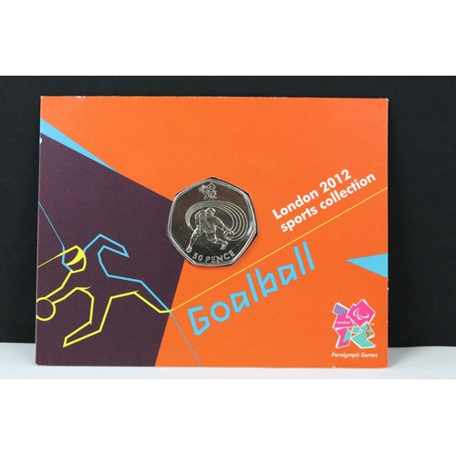 117 - A collection of British London 2012 Olympic games commemorative uncirculated 50p coins, all within o... 