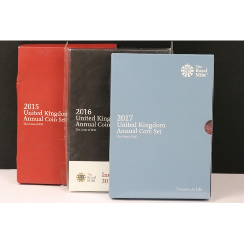 141 - A group of three Royal Mint United Kingdom annual coin sets to include 2015, 2016 and 2017 examples,... 