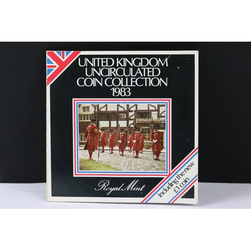 143 - A collection of British Royal Mint coin sets to include 1976, 1974, 1983, 1981, 1979, 1985, 1975, 19... 