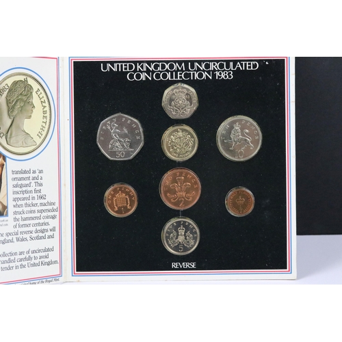 143 - A collection of British Royal Mint coin sets to include 1976, 1974, 1983, 1981, 1979, 1985, 1975, 19... 