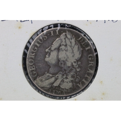 72 - A British early milled King George II 1745 silver shilling coin.