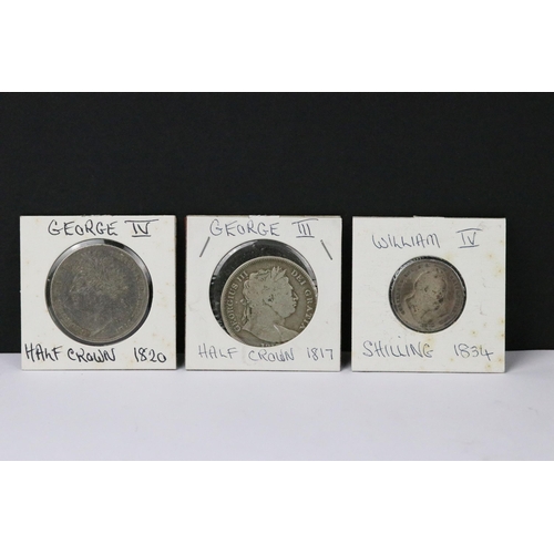 76 - A collection of British early milled silver coins to include King William IV, King George III and Ki... 