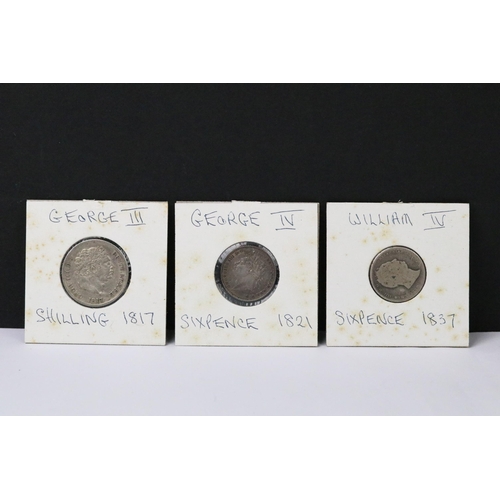 76 - A collection of British early milled silver coins to include King William IV, King George III and Ki... 