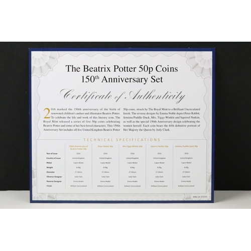 84 - A British Queen Elizabeth II Beatrix Potter 150th Anniversary 50p coin set, encapsulated within fitt... 