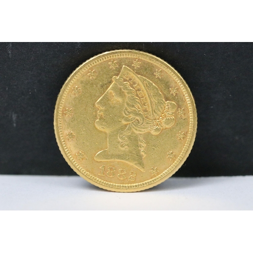 98 - A United States of America 1882 Liberty Head $5 dollar gold coin.