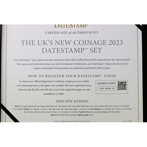 250 - A DateStamp United Kingdom 2023 King Charles III datestamp coin set, coins slab mounted within fitte... 