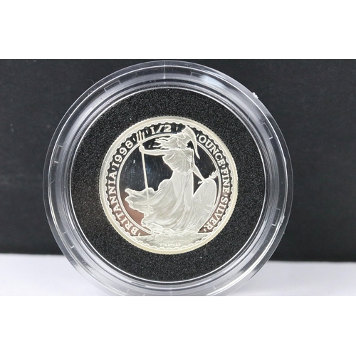 30 - A Royal Mint United Kingdom Britannia silver proof collection, four coins presented within fitted gr... 