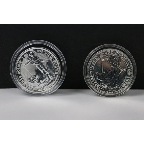 32 - Two British Royal Mint Britannia fine silver bullion 1oz coins.