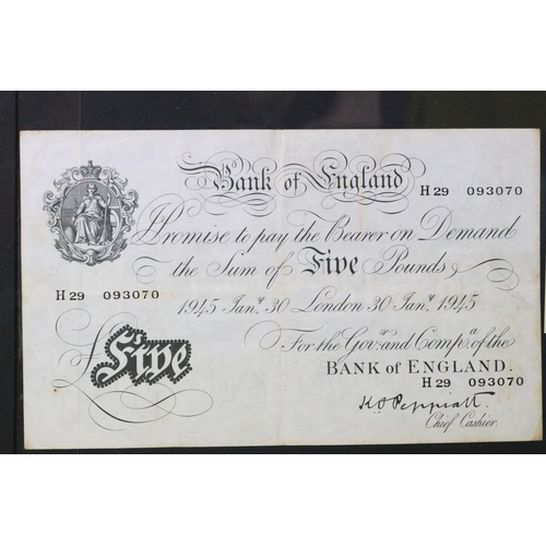 37 - A Bank of England white five pound note, Jan 30th 1945, K.P Peppiatt, serial No H 29 093070.